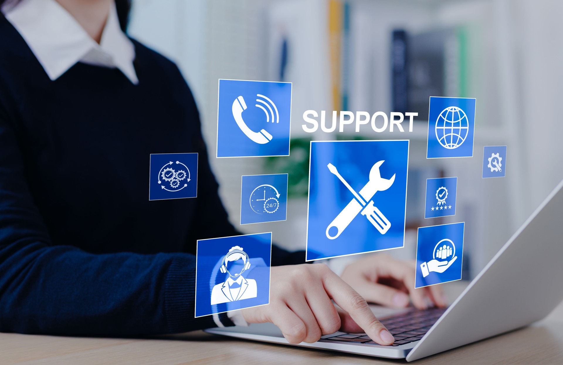 Technical support and customer service concept. Woman using laptop with support icons, representing technical assistance, customer service, and 24/7 help solutions in business. call center, help desk,